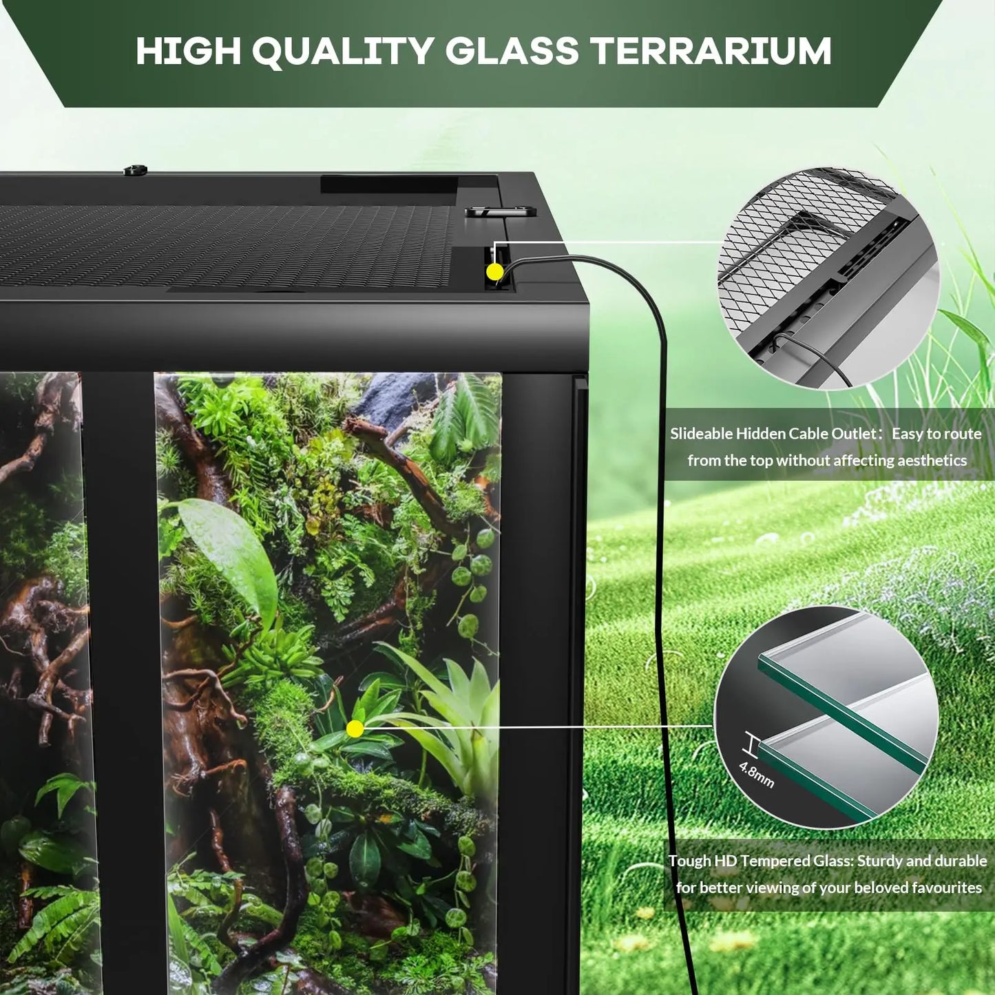 Tempered Glass Reptile Terrarium Top Screen Featuring Anti Escape Hinges