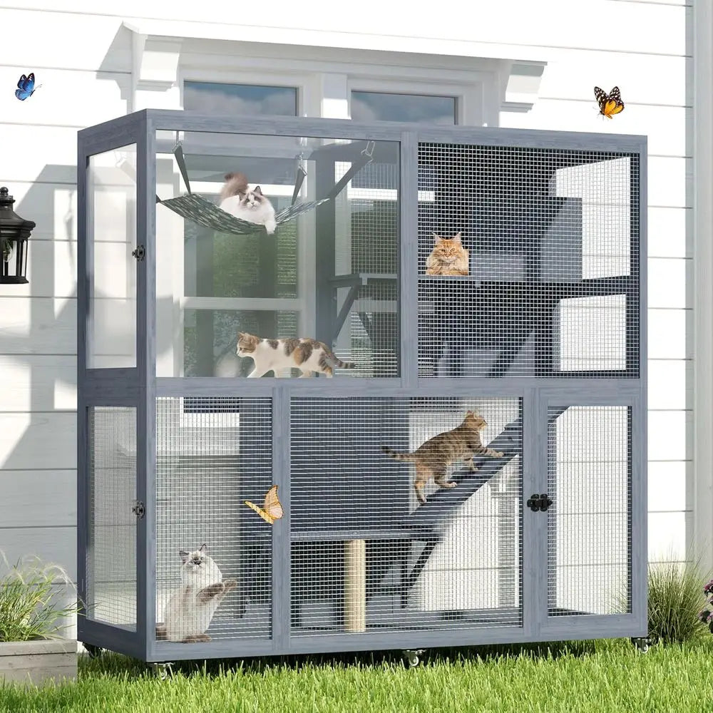 Catio Outdoor Cat Enclosure on Wheels, 4 Tier Large Cat House or Multiple Cats with Resting Box and Hammock, Indoor Wooden Kitty