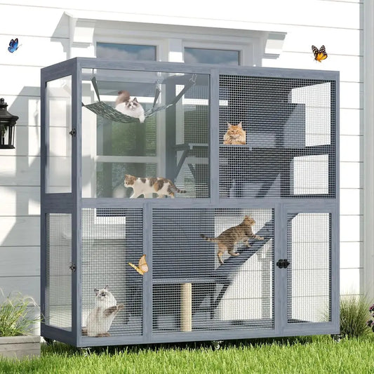 Catio Outdoor Cat Enclosure on Wheels, 4 Tier Large Cat House or Multiple Cats with Resting Box and Hammock, Indoor Wooden Kitty