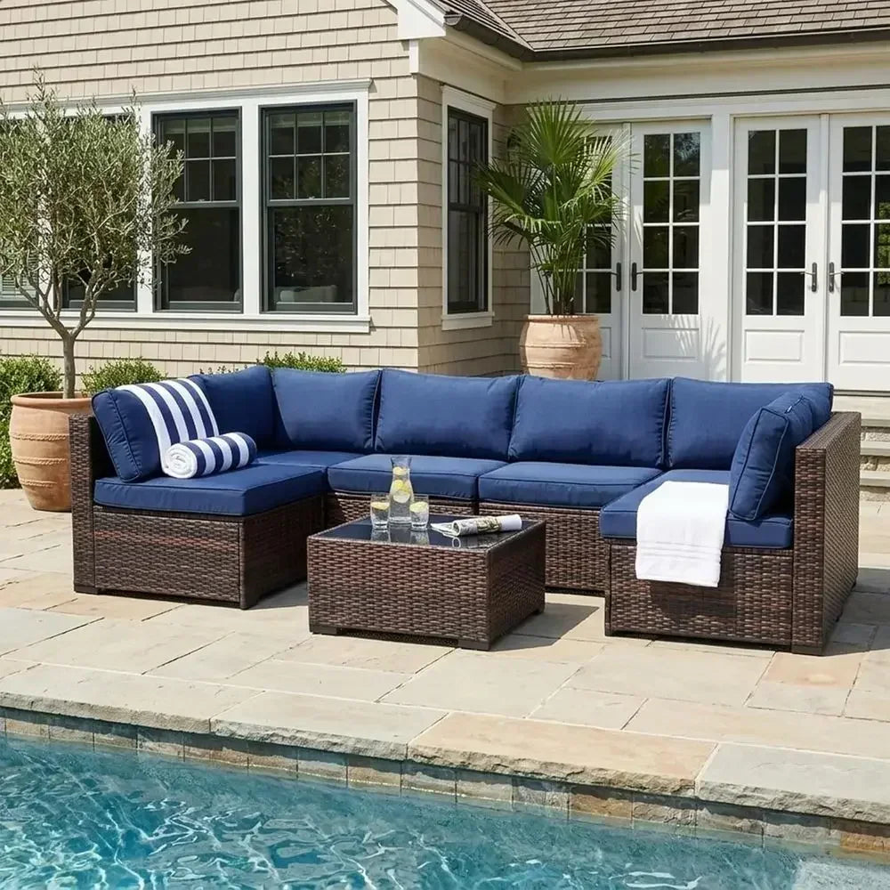 7-Piece Outdoor Patio Furniture Set Cushions Weather Resistant Rattan Glass Table