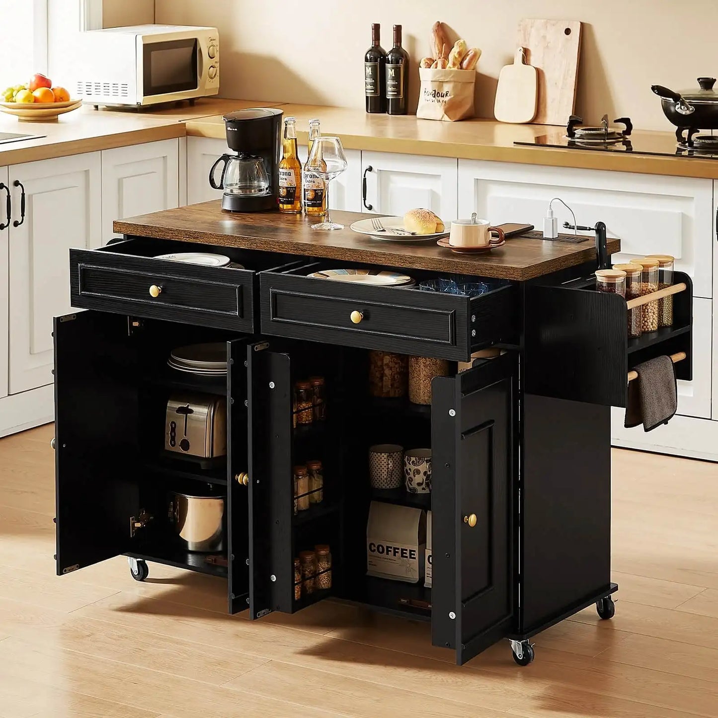 58-Inch Rolling Kitchen Island with Drop Leaf & Power Outlet