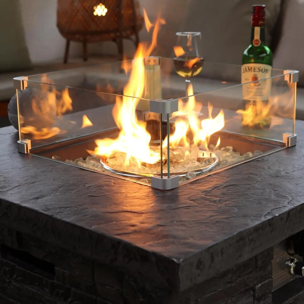 Outdoor Propane Fire Pit Table Square Stone With Wind Guard