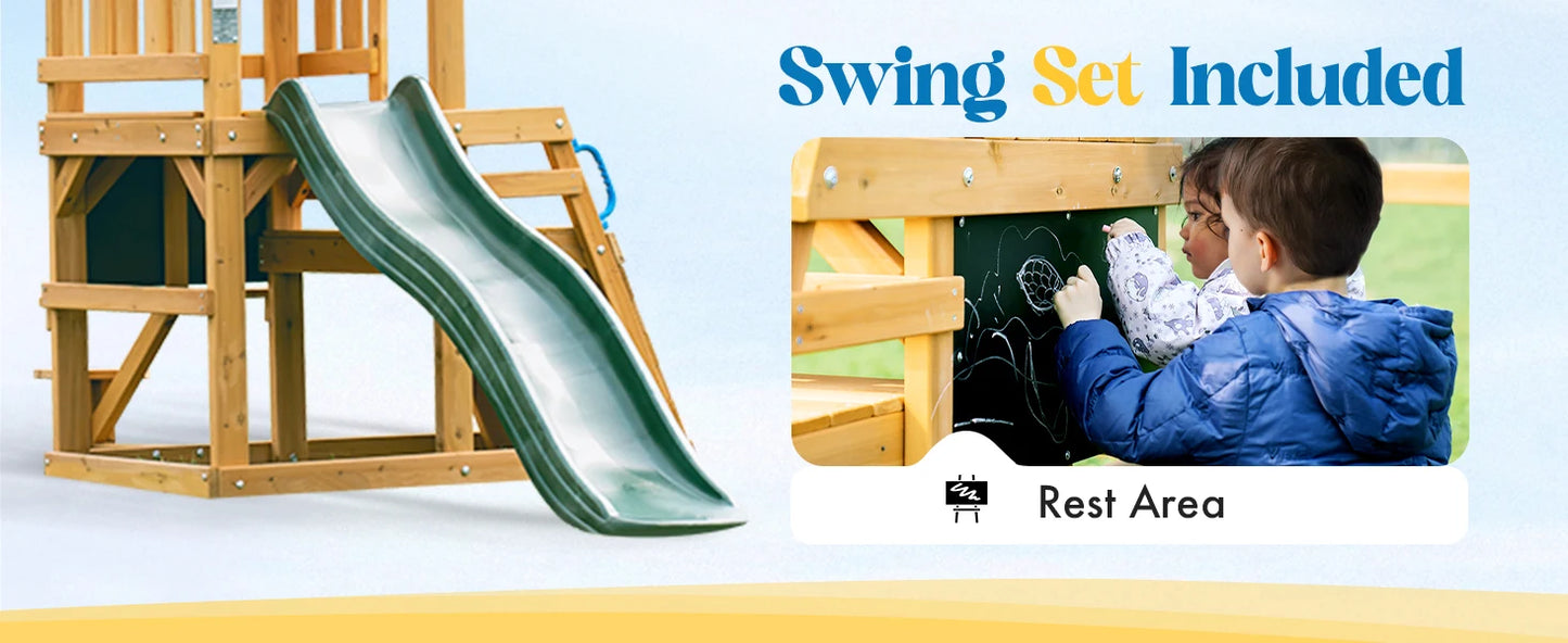 Robotime Robud Wooden Swing Set With Dual Swings Slide Chalkboard