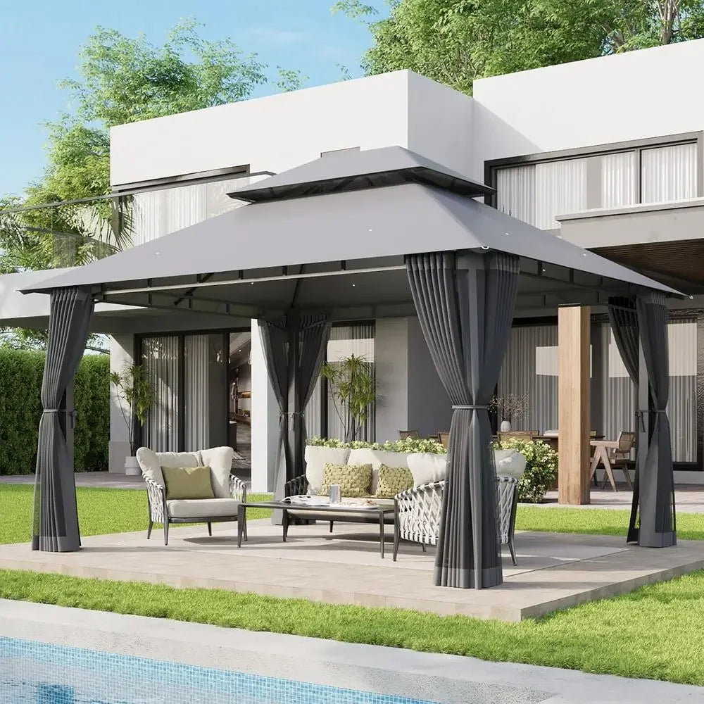 12x10 Outdoor Heavy Duty Gazebo With Double Roof And Mosquito Netting