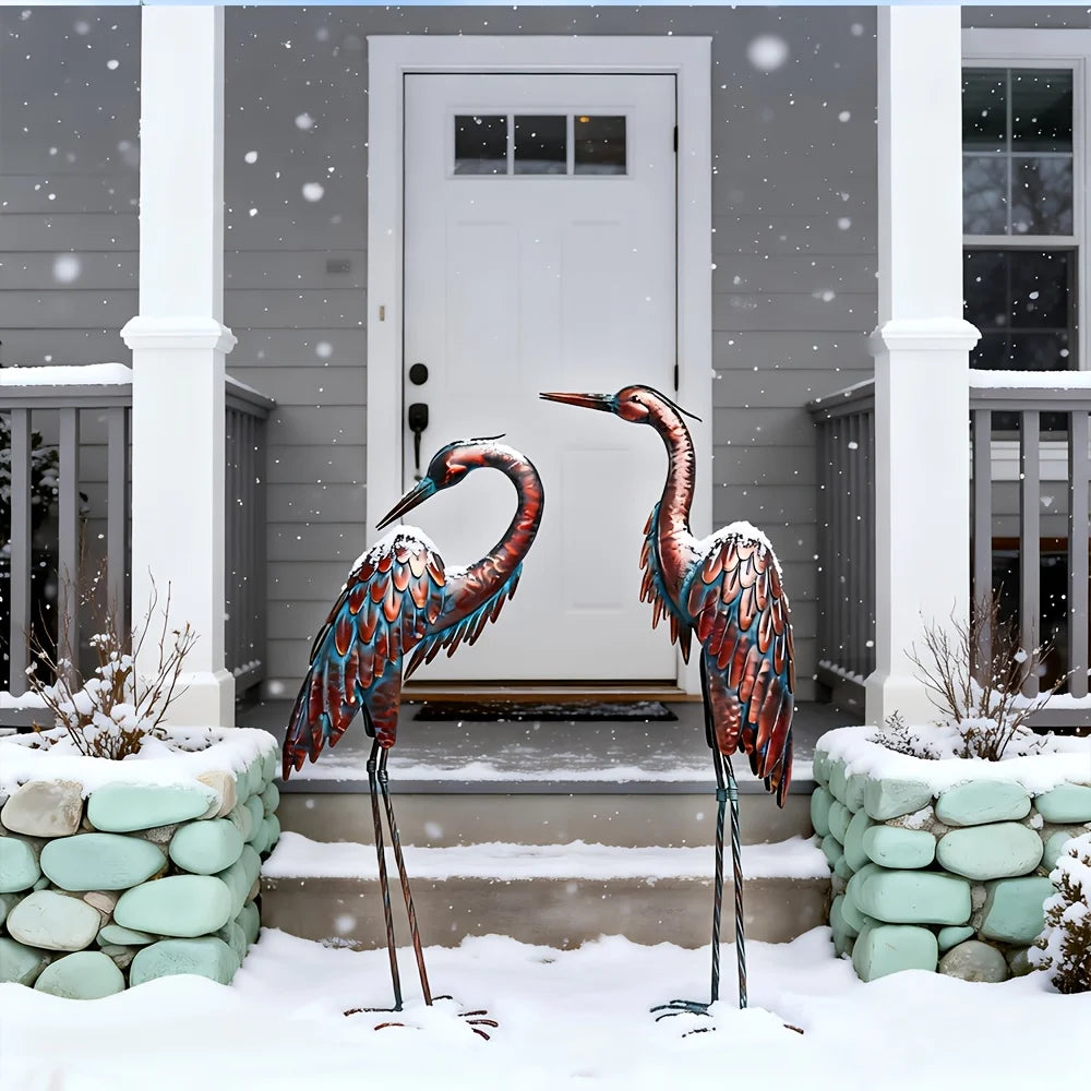 Patina Metal Heron Yard Statue For Garden And Pond Decor
