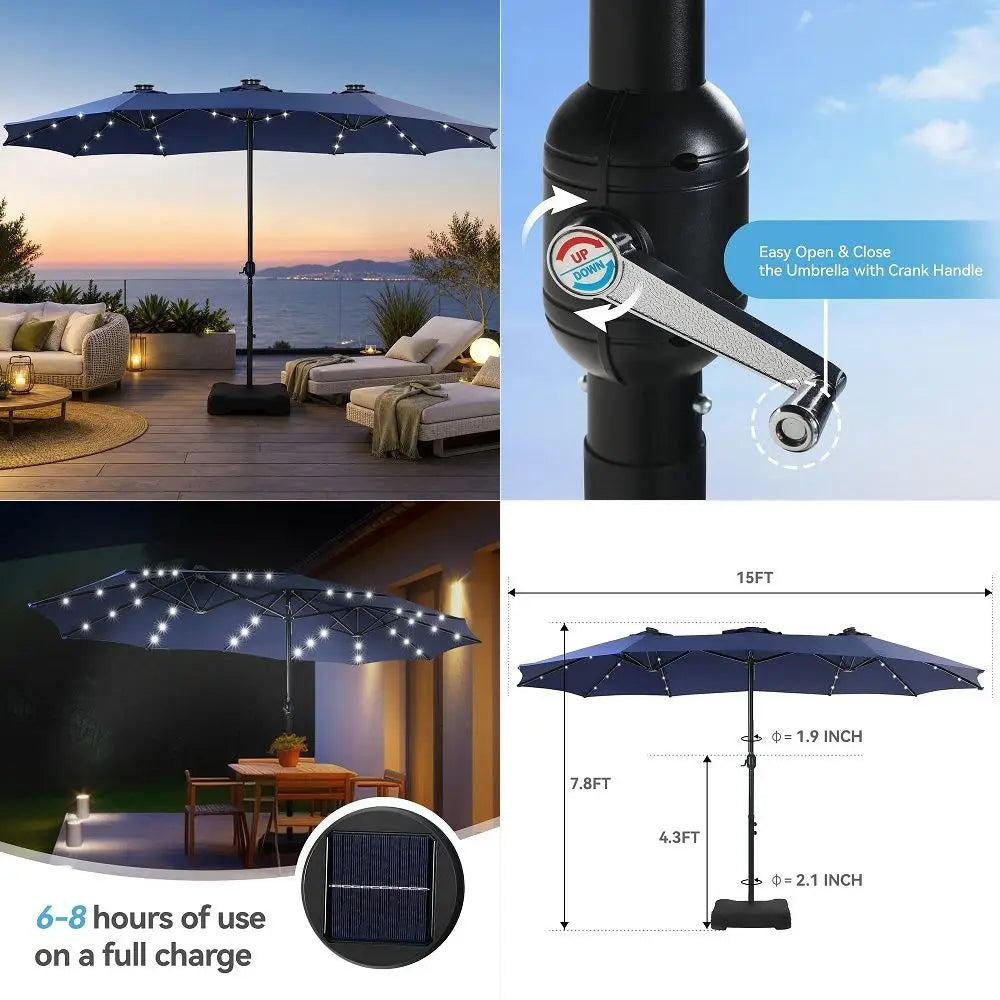 15 x 9 Ft Double-Sided Patio Umbrella with Solar LED Lights and Base