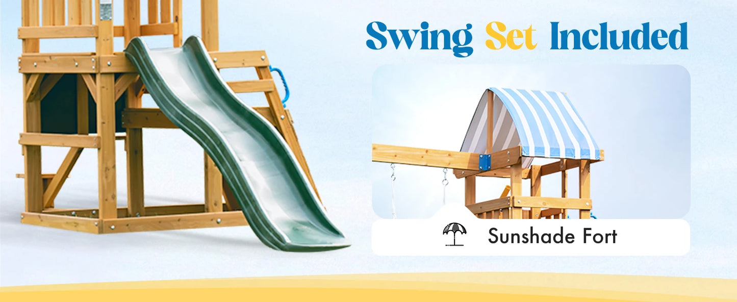 Robotime Robud Wooden Swing Set With Dual Swings Slide Chalkboard