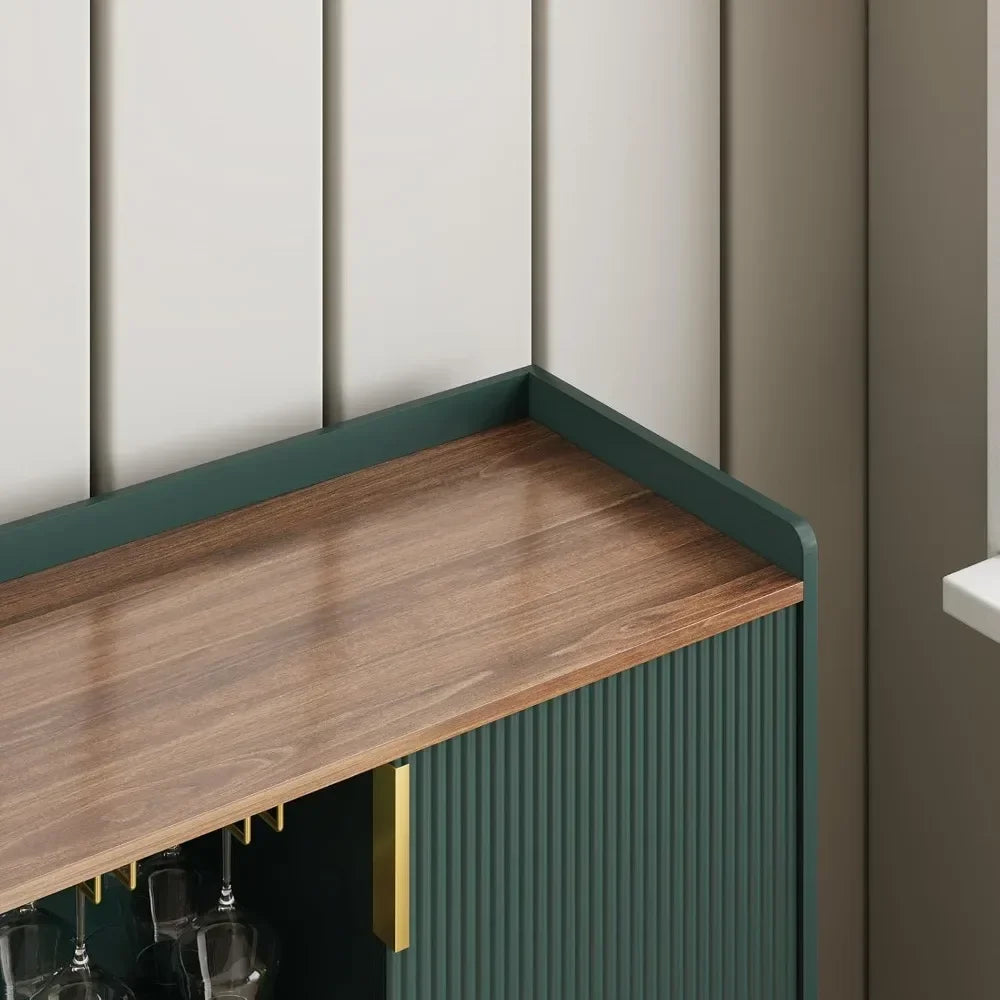 Modern Fluted Wood Wine Bar Cabinet With Glass Holder