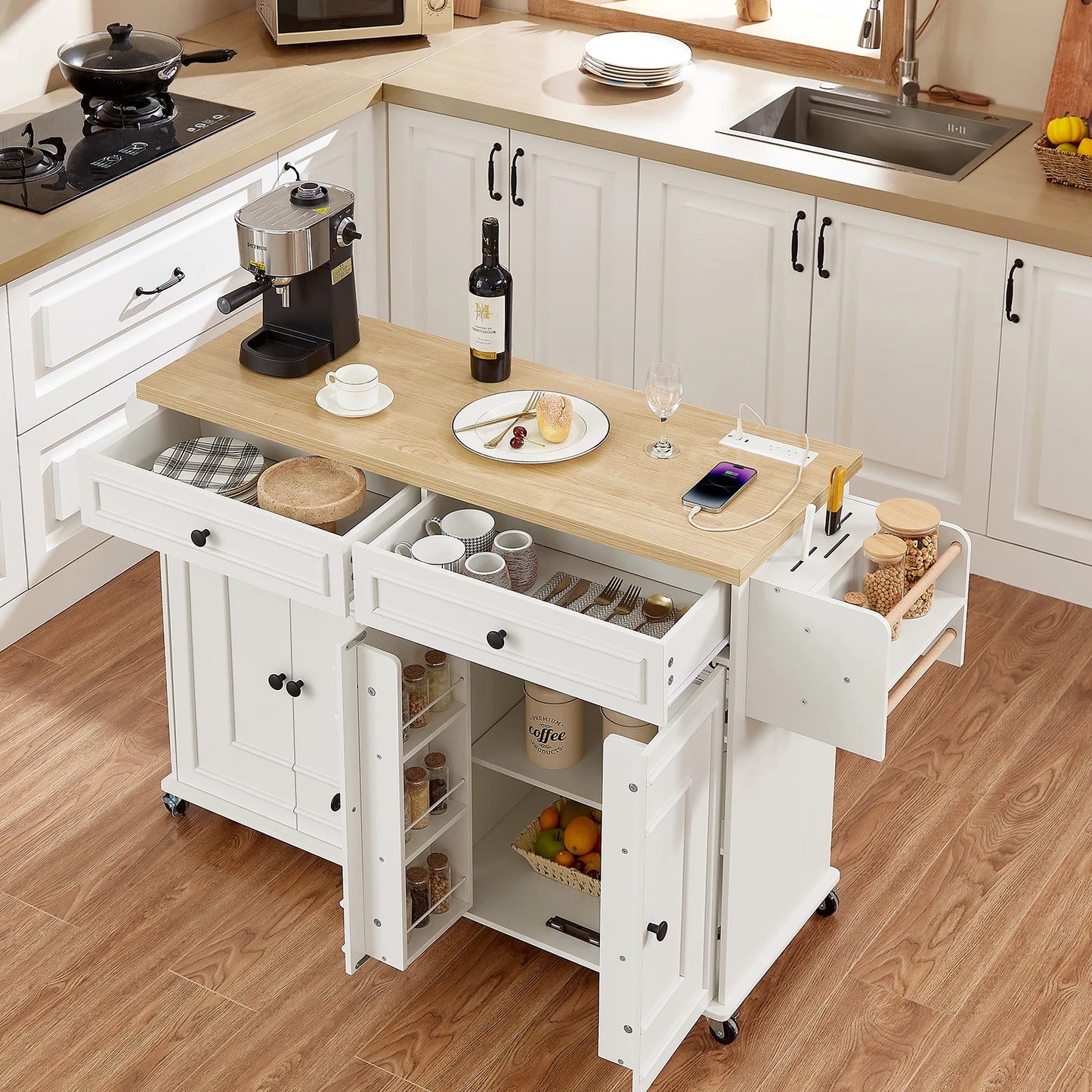 58-Inch Rolling Kitchen Island with Drop Leaf & Power Outlet