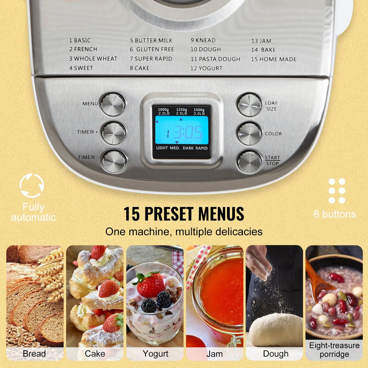 15-in-1 Automatic Bread Maker With Ceramic Pan – 2 &amp; 3 lb