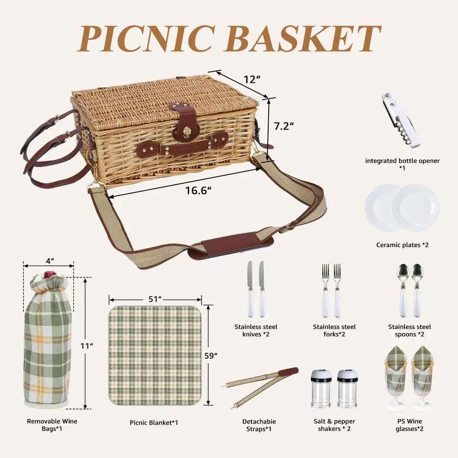Picnic Basket for 2 with Blanket, Willow Picnic Basket Set with Shoulder StrapampWine Pouch, Large Willow Hamper with Insulated