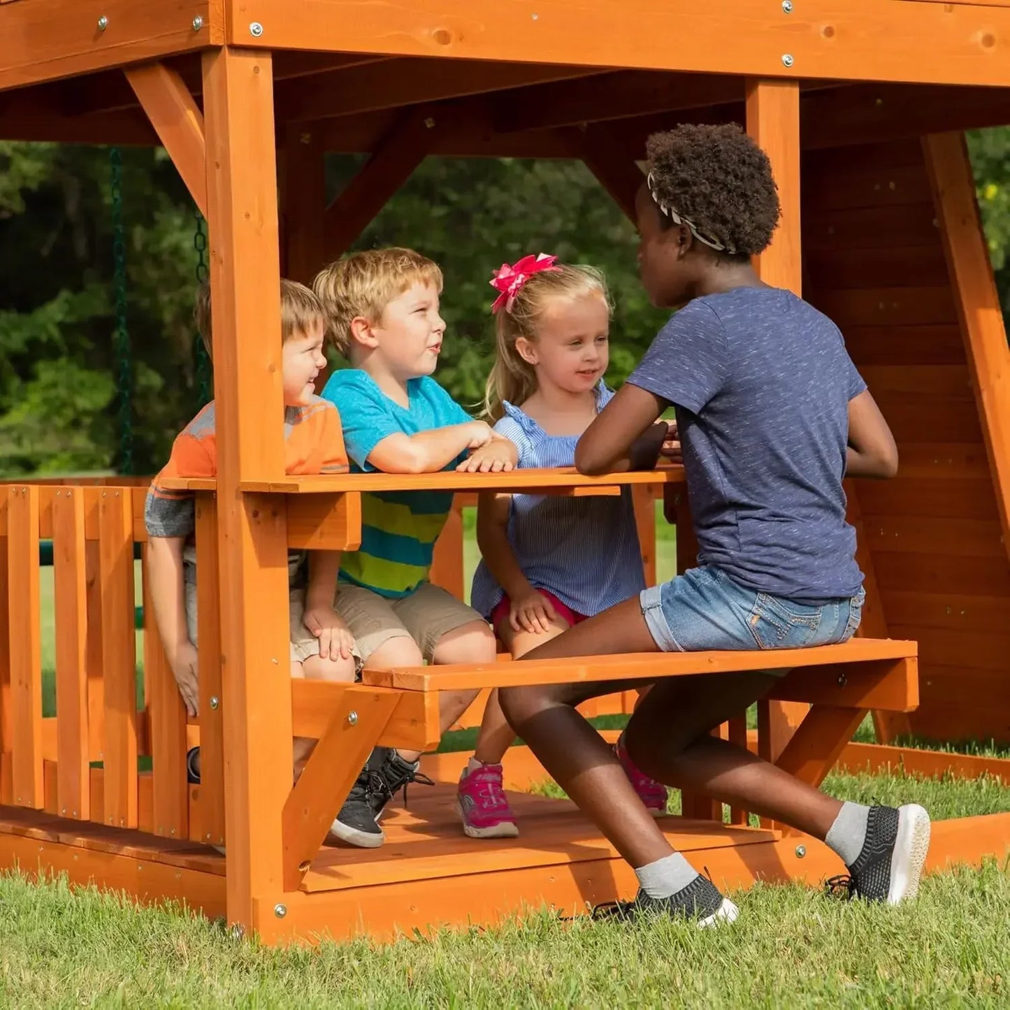 Cedar Wood Swing Set With Wave Slide And Clubhouse Adventure