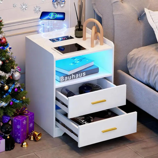 Smart Nightstand With Wireless Charging And Motion Sensor Lighting