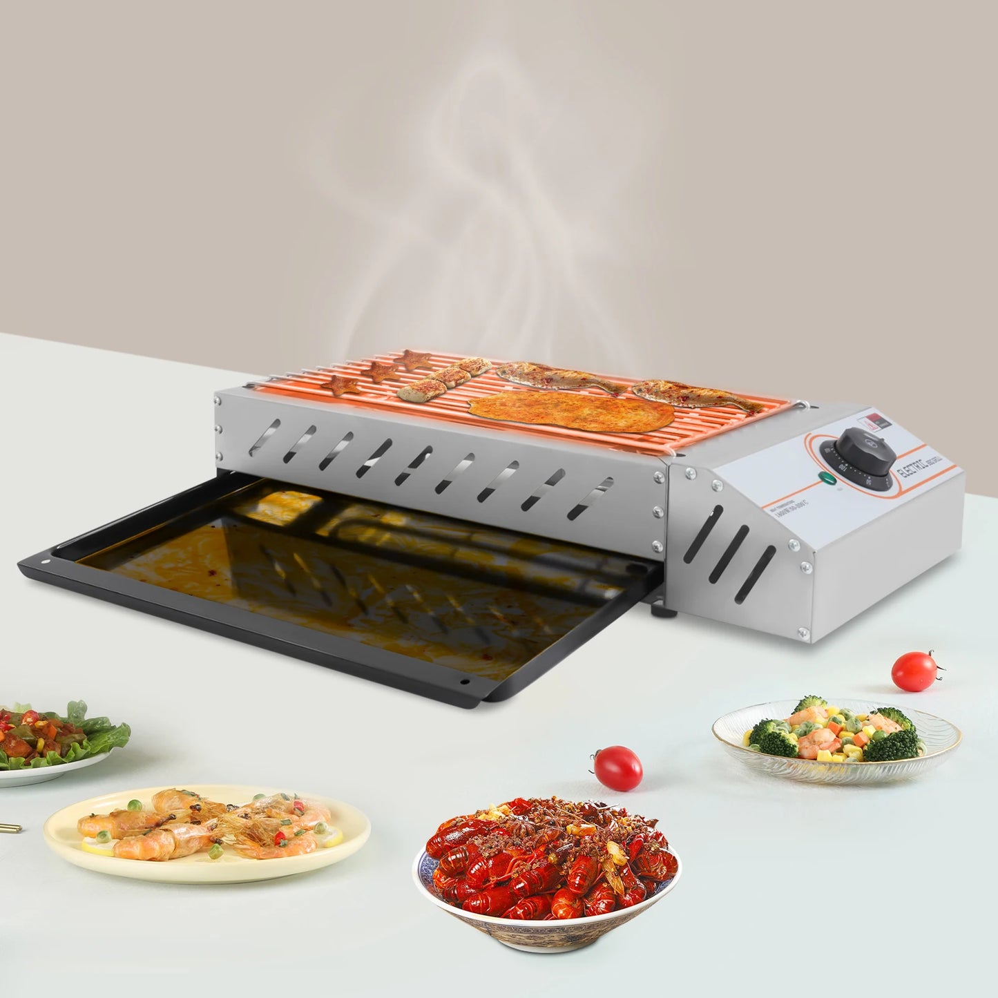 1800W Stainless Steel Electric Tabletop Grill with Adjustable Temperature Control