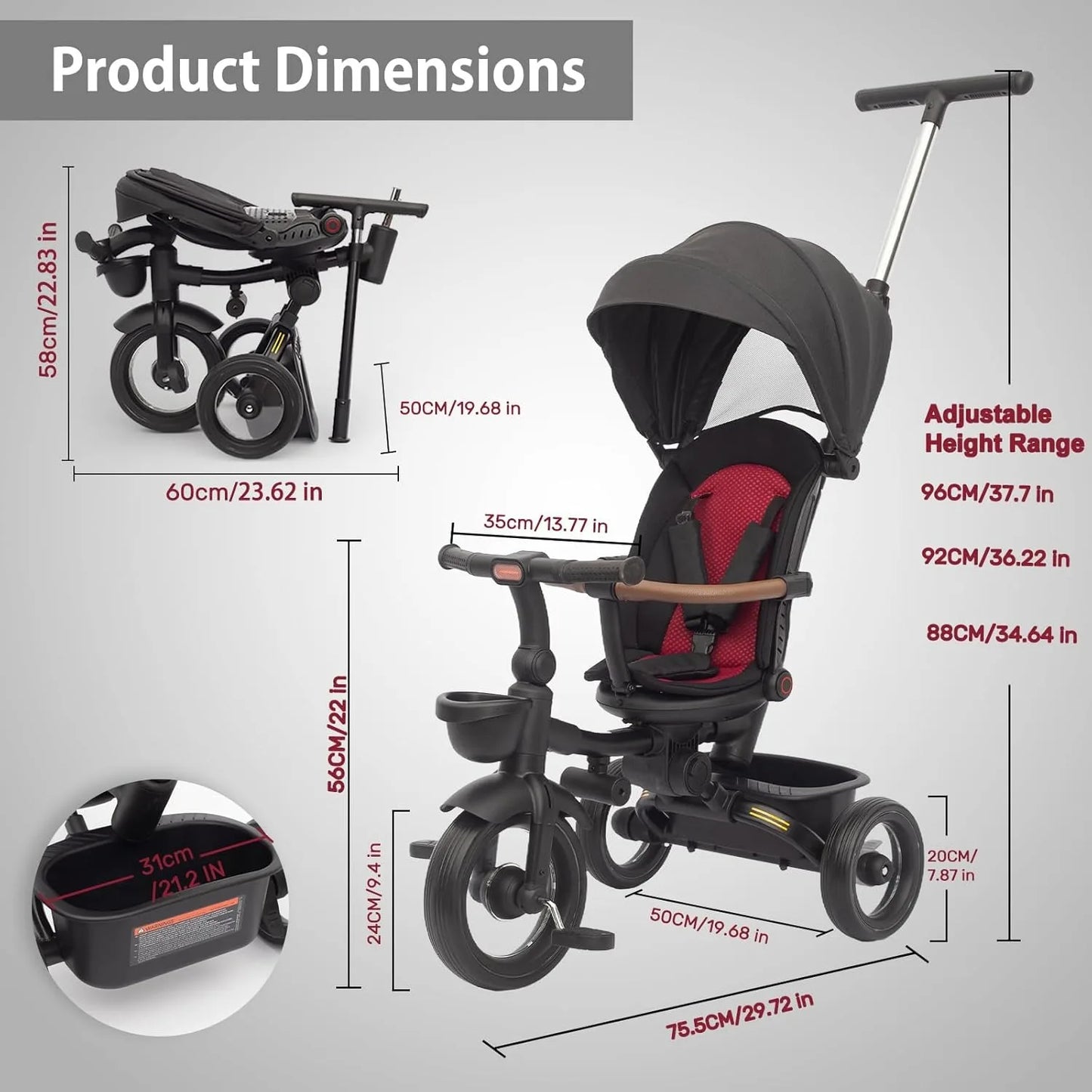 7 In 1 Foldable Baby Tricycle With Canopy And Lights