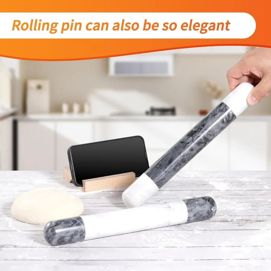 French Marble Rolling Pin With Wooden Stand For Nonstick Baking