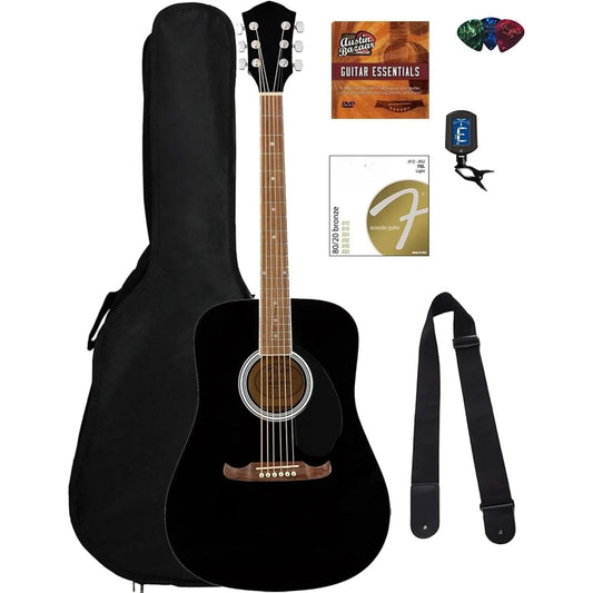Dreadnought Acoustic Guitar - Black Bundle with Gig Bag, Tuner, Strap, Strings, Picks, Fender Play Online Lessons, and Austin