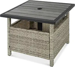 Wicker Outdoor Side Table With Umbrella Hole UV-Resistant