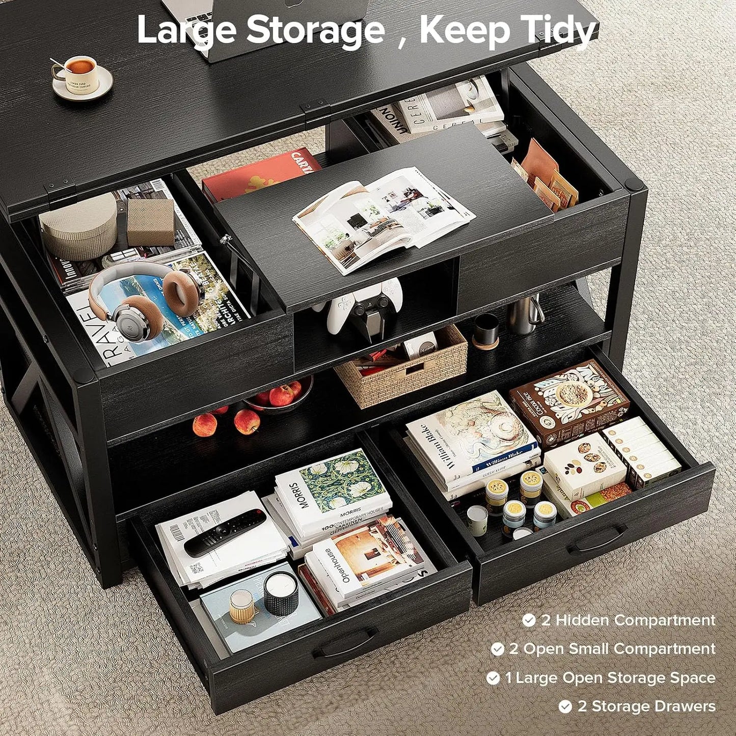 40-Inch 4-in-1 Lift-Top Coffee Table with Hidden Storage & Drawers