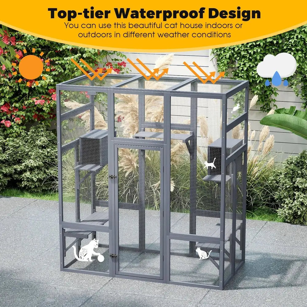 Wooden Outdoor Cat Enclosure With Waterproof Roof And Perches