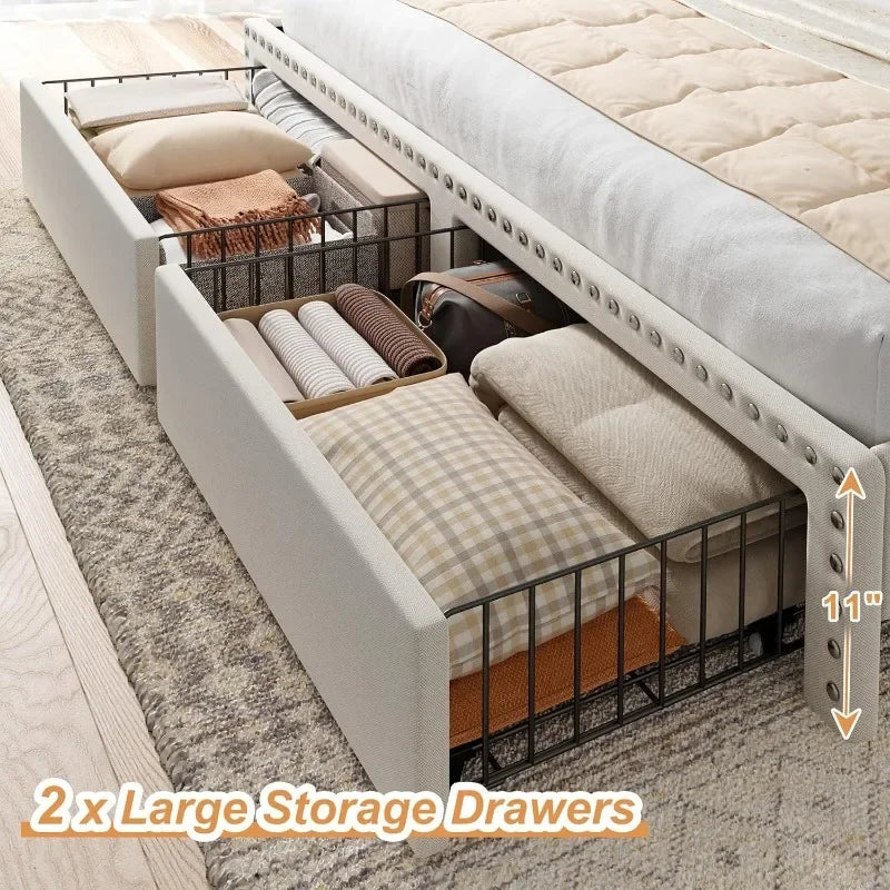 Upholstered Bed Frame With Storage Drawers And Tall Headboard
