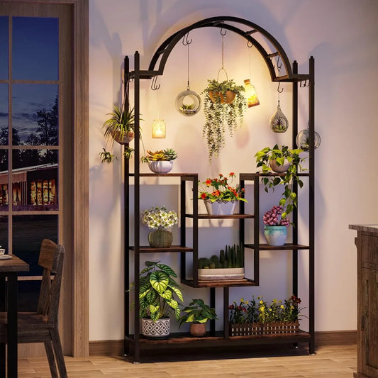 Arched Metal Five Tier Plant Stand With Hooks For Indoor