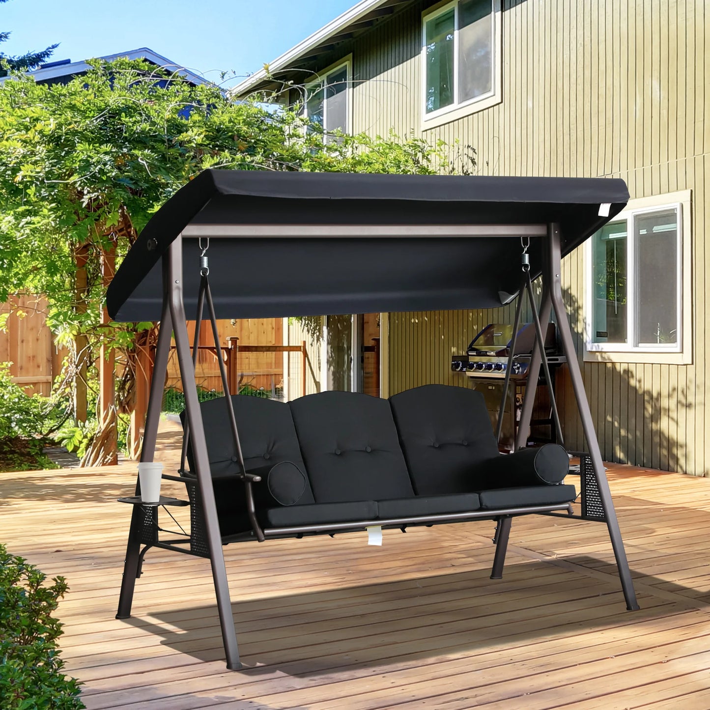 3-Person Outdoor Canopy Glider Bench with Cushions | Patio Porch Swing SeatThree Person Outdoor Canopy Cushioned Glider Bench