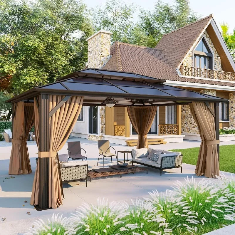 Hardtop Aluminum Gazebo With Curtains Netting And Outdoor Polycarbonate Roof