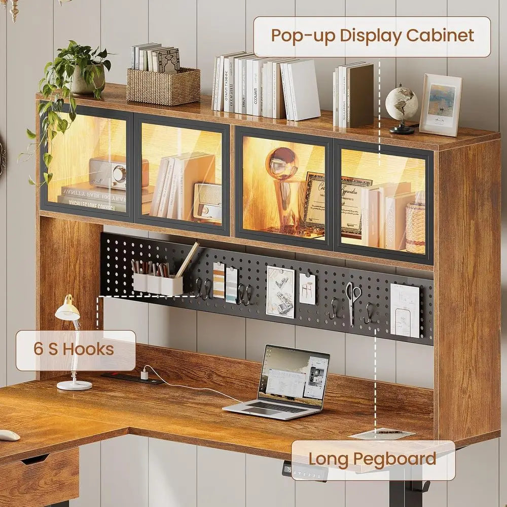 Standing L Shaped Gaming Desk With Pegboard And LED Light