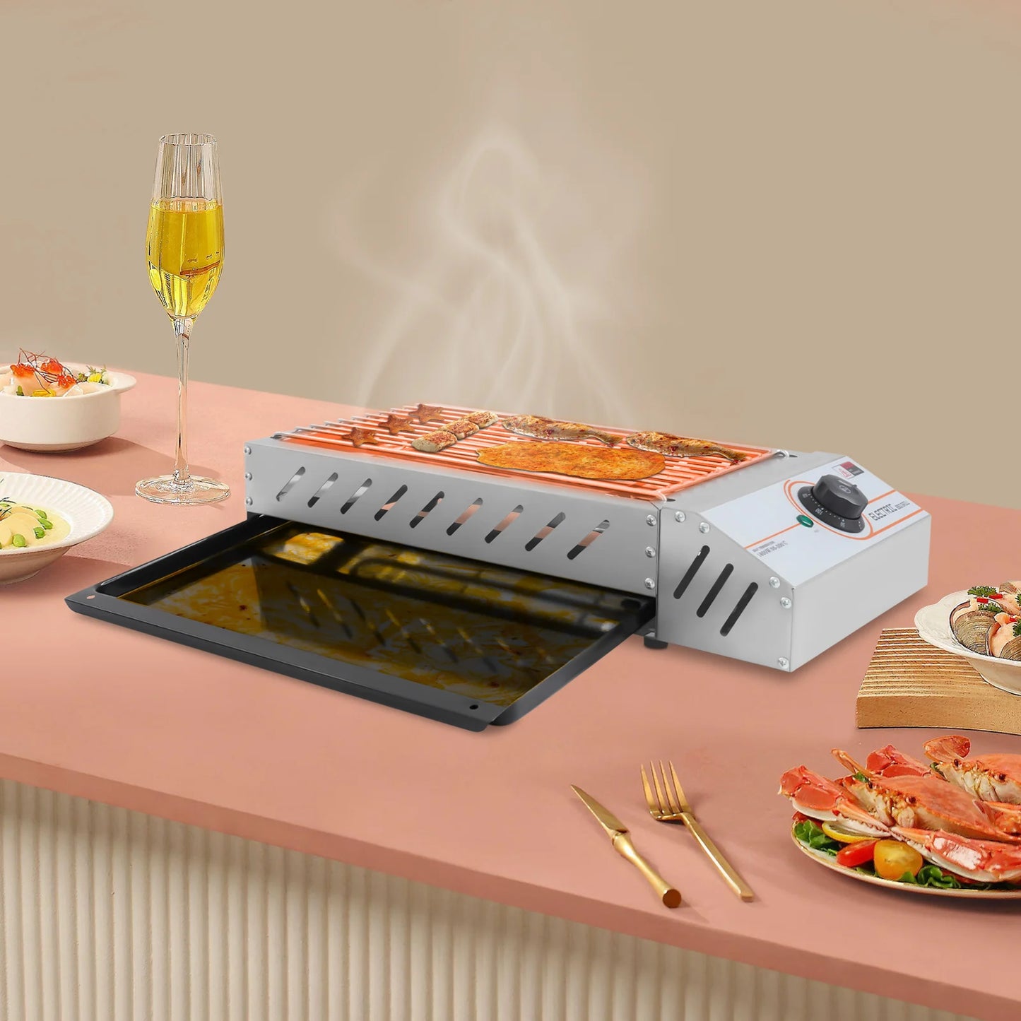 1800W Stainless Steel Electric Tabletop Grill with Adjustable Temperature Control