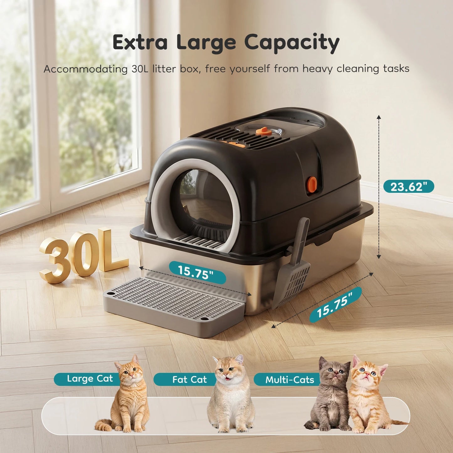 Stainless Steel Enclosed Cat Litter Box With Scoop And Mat