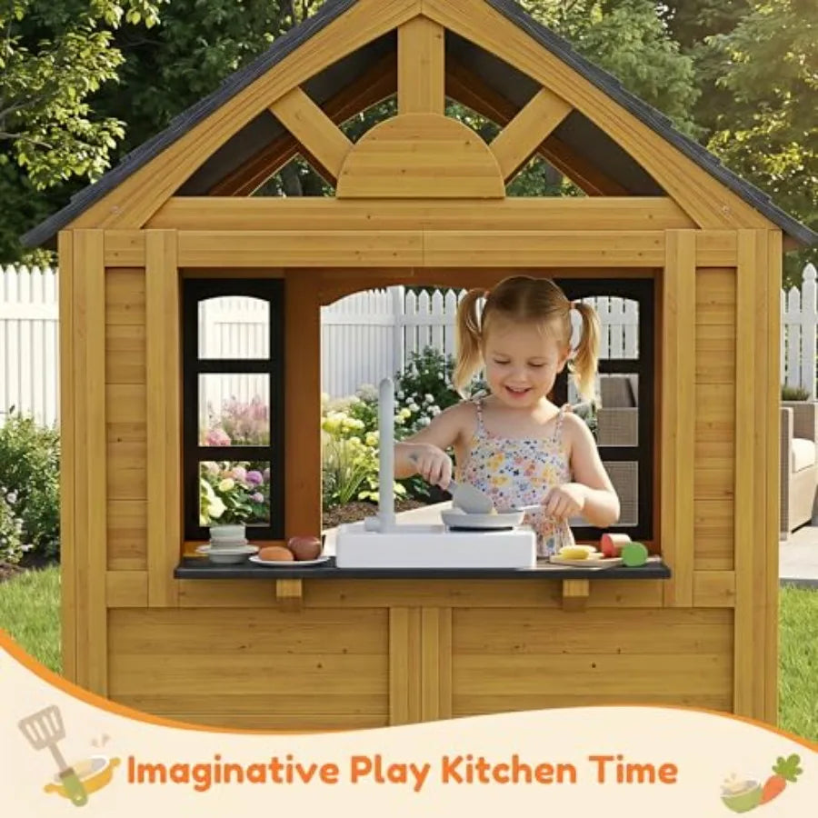 Outdoor Wooden Playhouse with Kitchen, Snack Bar & Pet Door