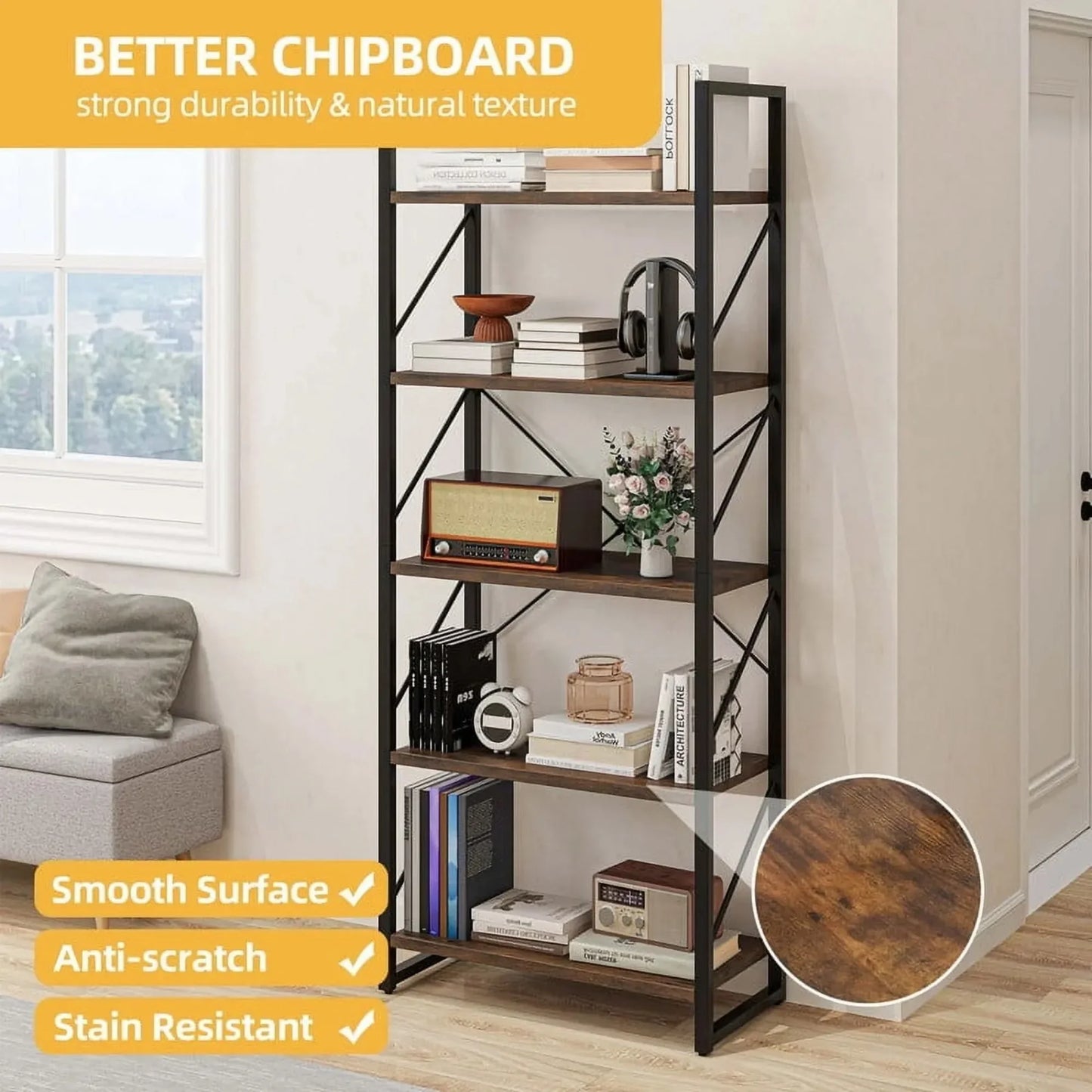 Industrial Five Tier Bookshelf Ladder Storage Organizer