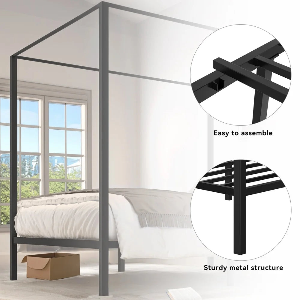 Sturdy Metal Canopy Platform Bed Frame With Under Bed Storage