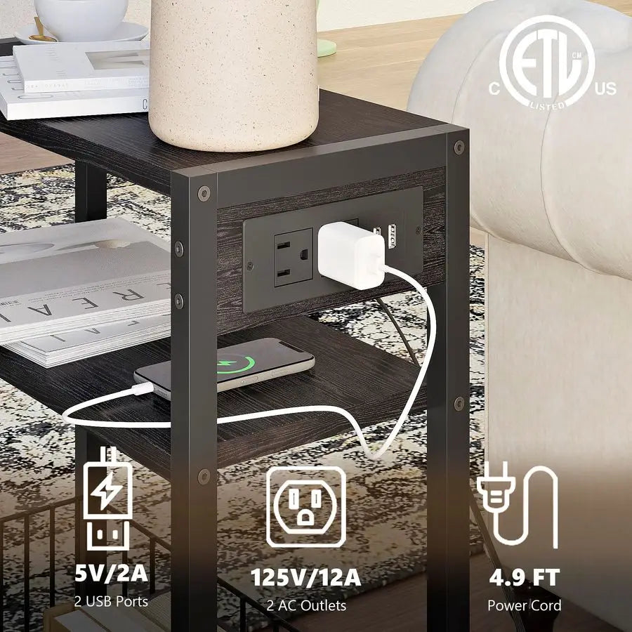 Slim Side Table With Charging Station And Three-Tier Storage Basket