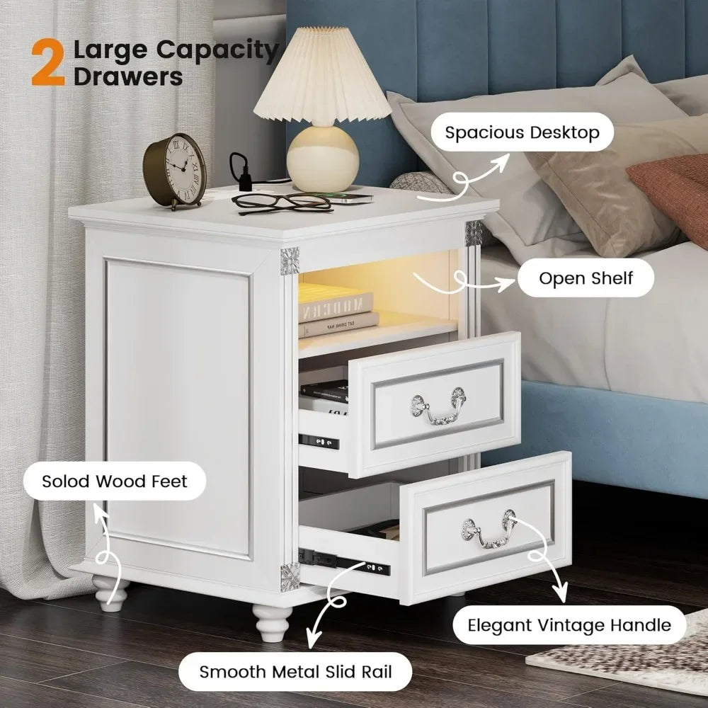 Nightstand With Charging Station And LED Lighted Drawers