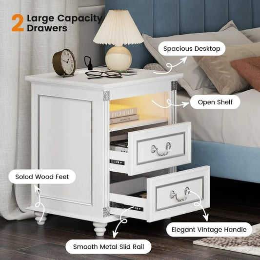 Nightstand With Charging Station And LED Lighted Drawers