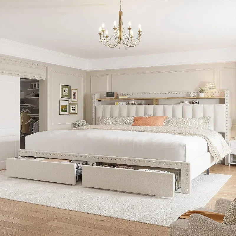 Upholstered Bed Frame With Storage Drawers And Tall Headboard