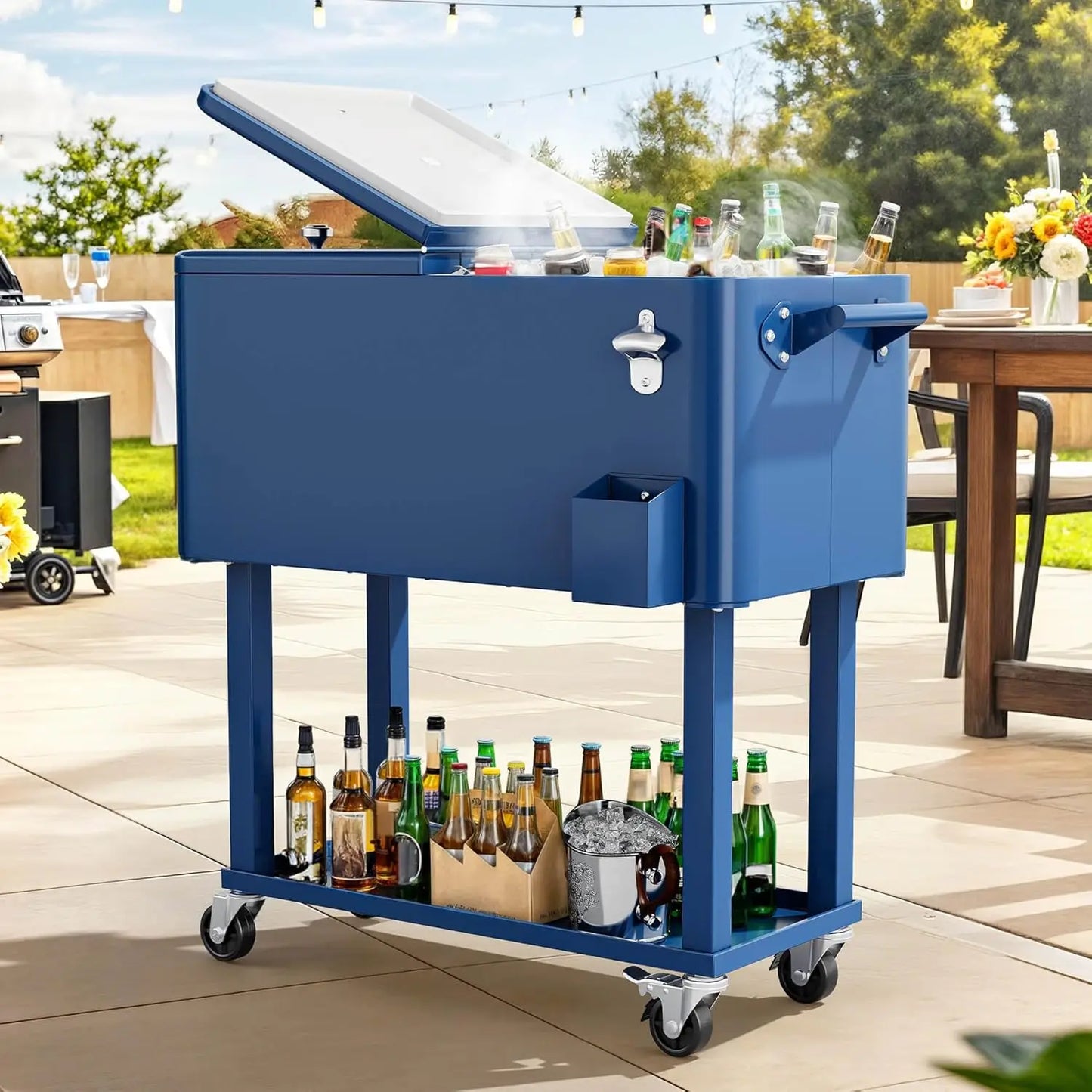 Outdoor Rolling Beverage Cart With Bottle Opener And Drainage