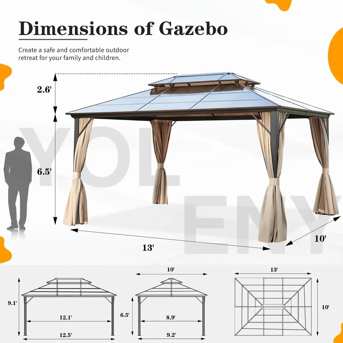 Outdoor Hardtop Gazebo With Polycarbonate Roof And Curtains Netting