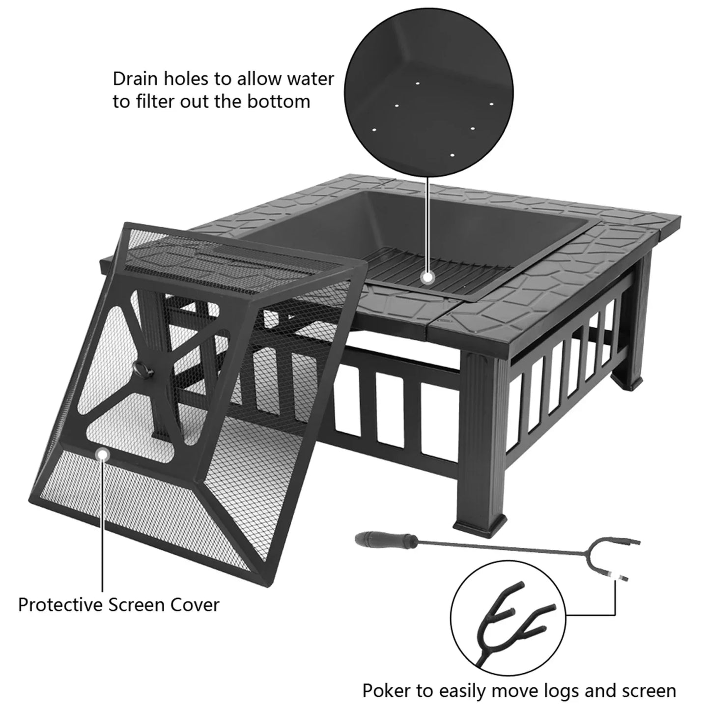 Portable Metal Fire Pit For Courtyard Patio With Accessories Kit
