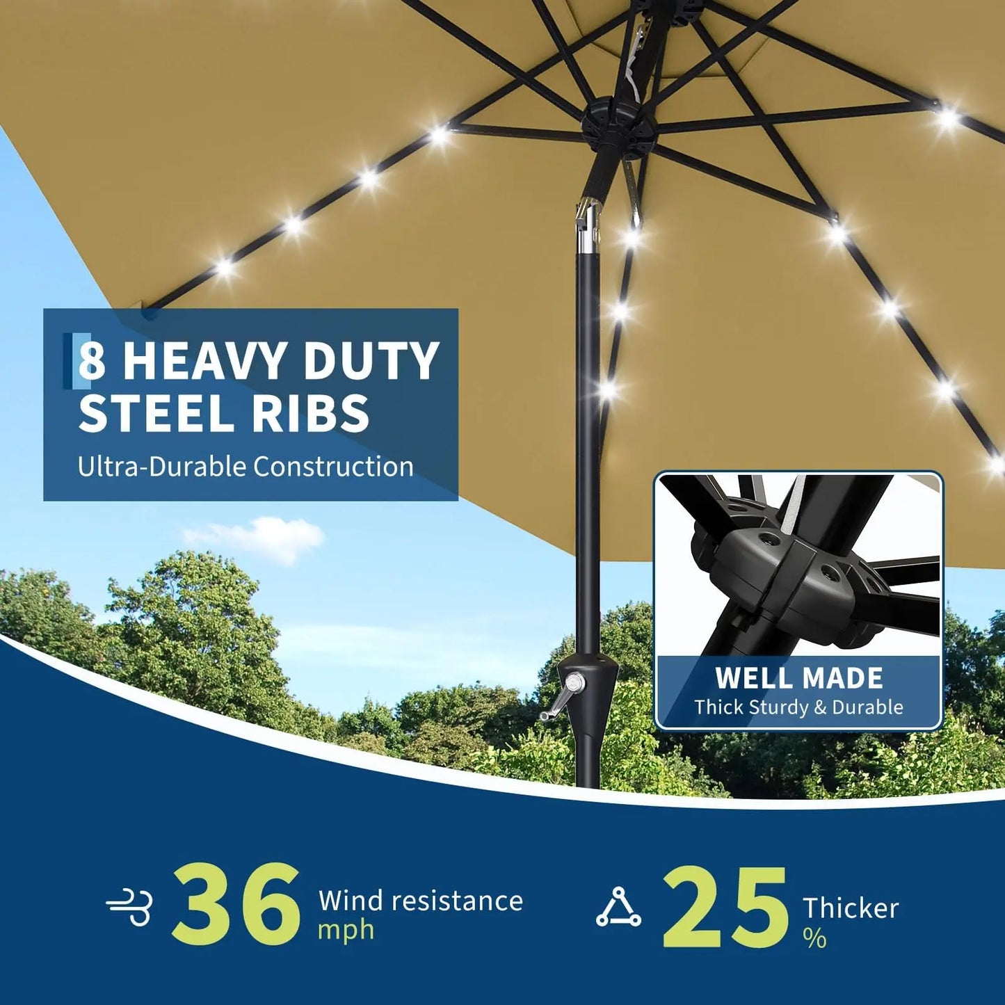 Solar Powered Patio Umbrella With 32 LED Lights Tilt System