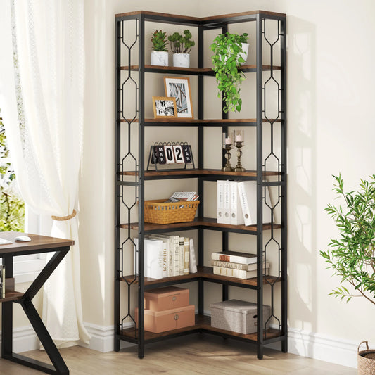 Tribesigns Industrial Seven Tier Corner Shelf Wood And Metal Etagere