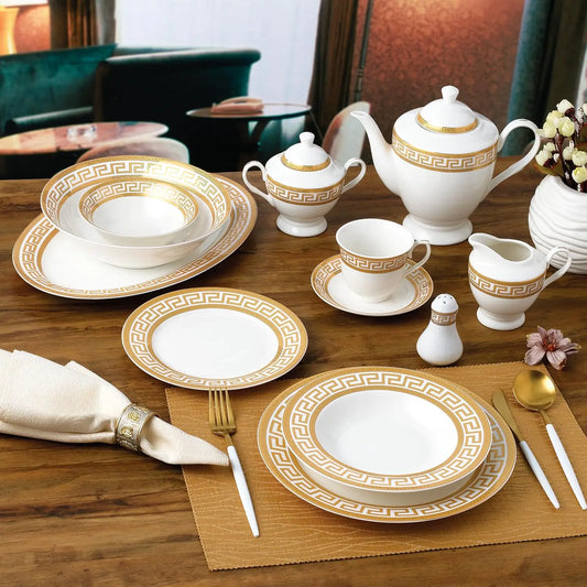 57-Piece Bone China Dinnerware Set for 8, White and Gold Greek Key Design, Elegant and Durable