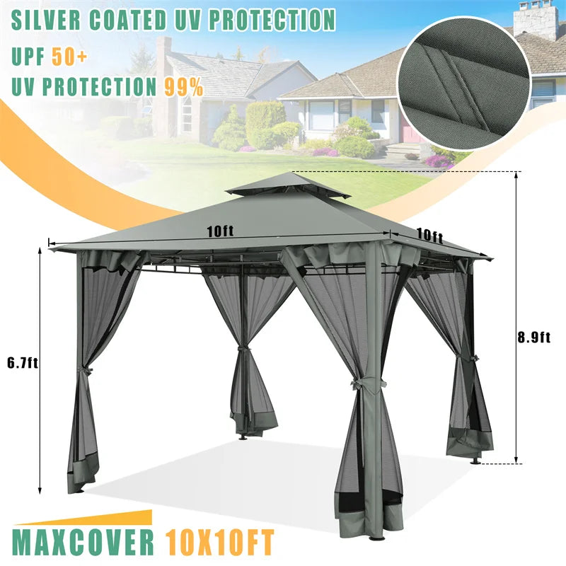 10 × 10-Foot Double-Roof Patio Gazebo with Mosquito Netting