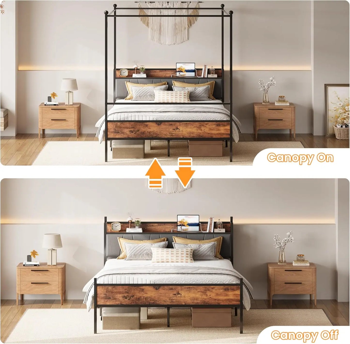 LIKIMIO Canopy Bed Frame With Storage And Charging Headboard