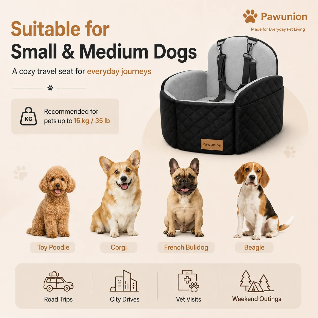 Memory Foam Dog Booster Car Seat With Cooling Mat – Up to 55 lb