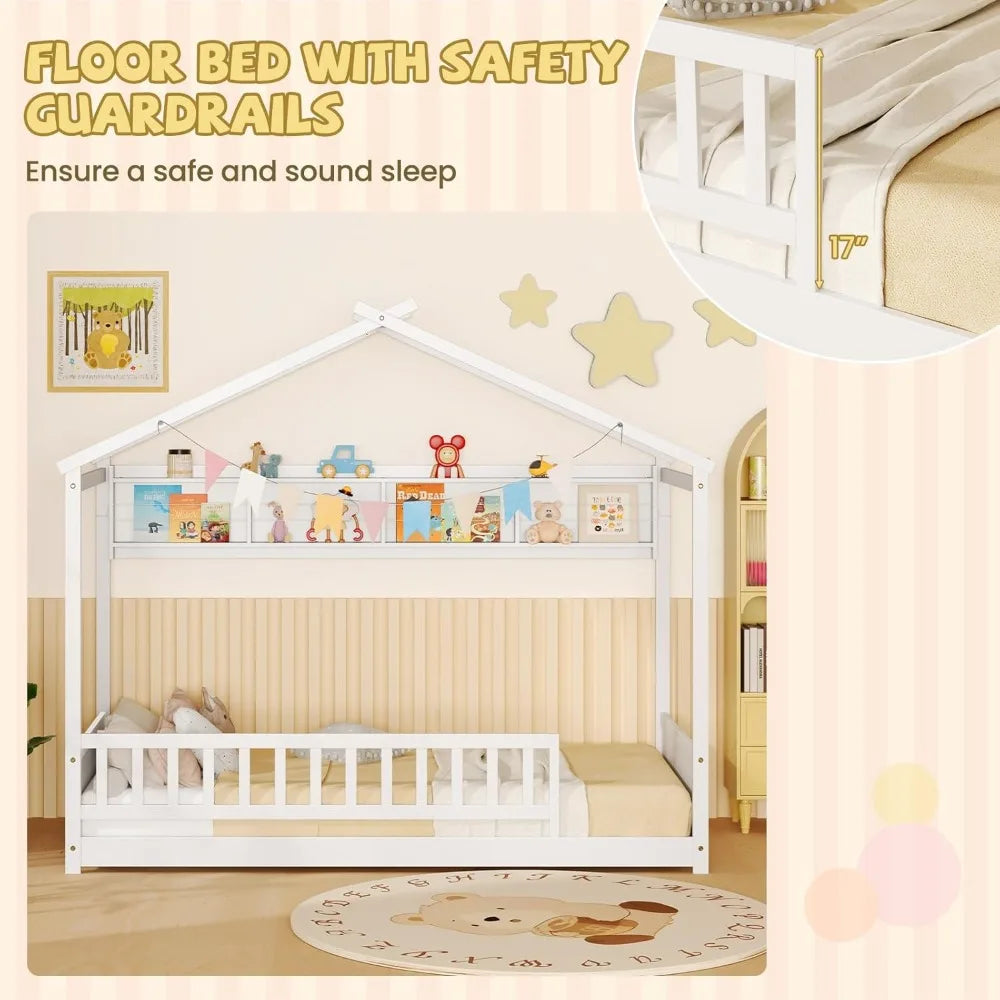 Giantex Floor Bed With Storage Shelf Headboard And Guardrail