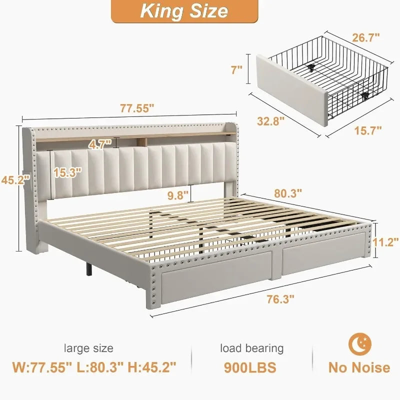 Upholstered Bed Frame With Storage Drawers And Tall Headboard