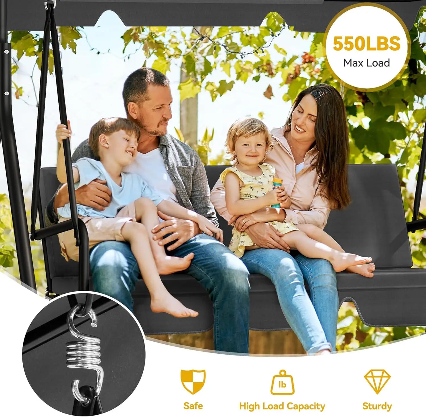 Patio Swing Three Seat Porch Bench With Adjustable Canopy